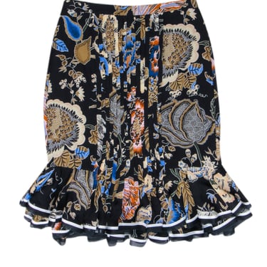 Tory Burch - Black w/ Blue & Beige Botanical Print Silk Skirt Sz 6