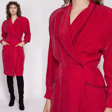 Medium 80s 90s Red Silk Wrap Dress | Vintage Long Dolman Sleeve Knee Length Secretary Dress 