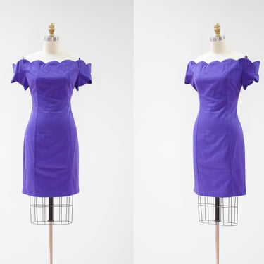 off shoulder mini dress | 80s 90s vintage Moda Int'l bright purple cotton short bodycon vintage cocktail party dress 