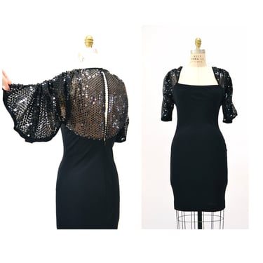 70s 80s Vintage Black Sequin Dress Gerald Franklin Small Medium// 70s 80s Black Sequin Dress Black Knit 70s Disco Cocktail Body Con Dress 
