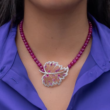 Ruby Beaded Diamond Leaf Necklace