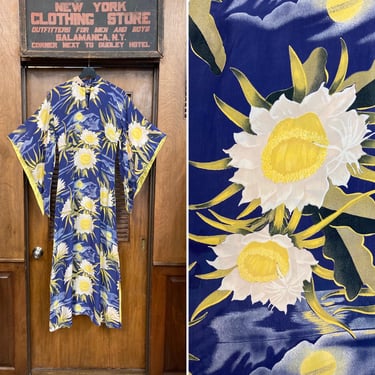 Vintage 1940’s Tropical Silky Rayon Pake Muu Batwing Sleeve Hawaiian Dress, Tiki Dress, Pake Muu Dress, 1940’s Dress, Hawaiian, Floral Print 