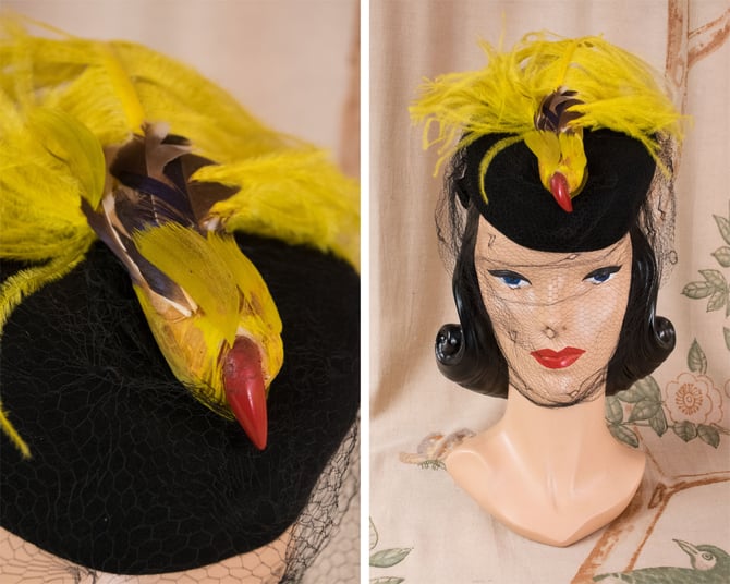 1940s Hat - Bright Vintage 40s Faux Bird  Tilt Hat with Yellow Feathers and Glossy Red Beak 