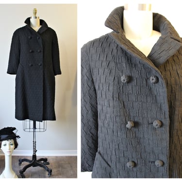 Vintage 50s Forstmann Double Breasted Black waffle weave Wool Coat warm // US 0 2 4 6 xs s 