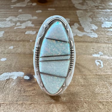 OPAL ROYALTY Sterling Silver and Iridescent Opal Ring | Lab Created Gem Stone | Native American Navajo Southwestern Jewelry | Size 8 