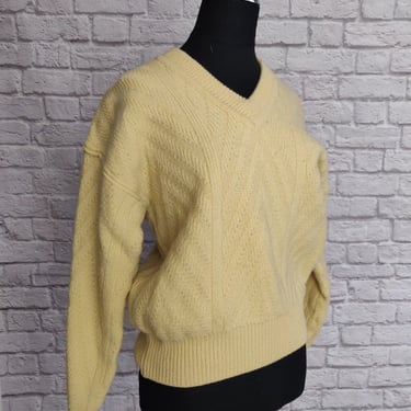 Vintage 80s Neiman Marcus Wool Sweater // Yellow V Neck Pullover 
