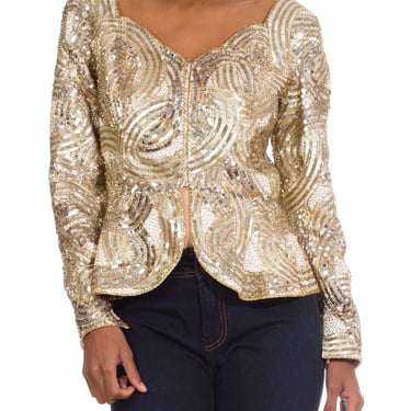 1980S Silver & Gold Beaded  "Dynasty" Style Long Sleeve Jacket Top With Peplum 