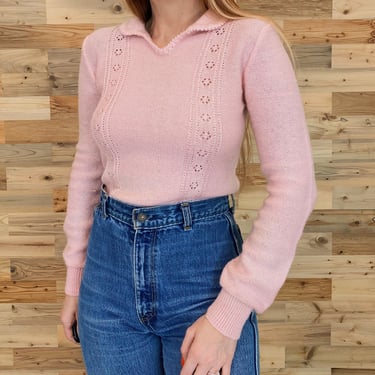 Baby Pink Preppy Collared 80's Knit Vintage Sweater Top 