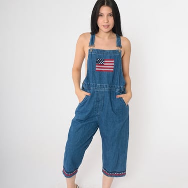 Vintage Overall Capri Pants 90s American Flag Embroidered Denim Shortalls Blue Jean Romper Retro Blue Bib Suspender 1990s Medium 