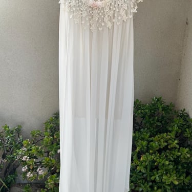 Vintage elegant sheer chiffon nightgown lingerie white with lace beads Sz L Wisteria by Diane Samandi 