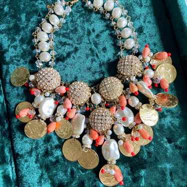 Amazing Couture Signed Designer VRBA Coral Coin &amp; Pearl Statement Necklace