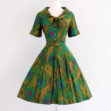 Coolest 1950's Chameleon Novelty Print Cotton Dress / M