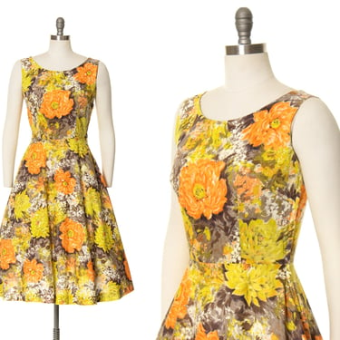 Vintage 1960s Sundress | 60s Floral Print Cotton Yellow Orange Fit and Flare Full Skirt Sleeveless Midi Garden Printed Day Dress (small) 