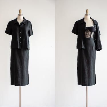 black linen skirt set | 90s vintage minimalist black linen midi skirt black linen short sleeve blouse 
