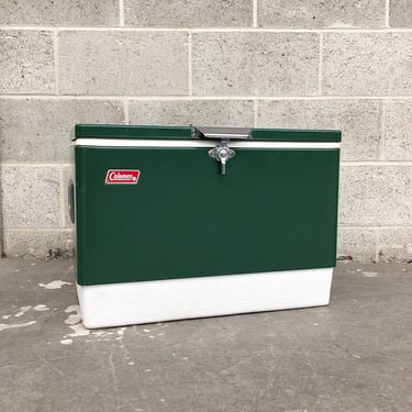 Vintage Coleman Cooler Retro 1970s Ice Chest + Insulated + 44 Quarts + Green Color + Metal + Large + Portable + Outdoors + Storage 