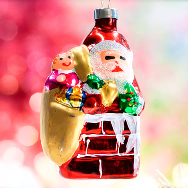 VINTAGE:  Blown Glass Figural Christmas Ornament - Santa in Chimney - Mercury Ornament - SKU 24 25-D-00033705 
