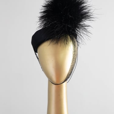 Spectacular 1940's Black Feathered Cocktail Hat By Ere Nouvelle New York / 22 1/2