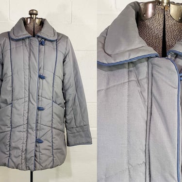Vintage Winter Coat Puffy Puffer Gray Taupe Quilted Lined Duffle Jacket Hipster Periwinkle Cozy Grey Blue 1980s Large 