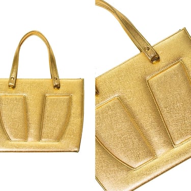 Vintage 1960s Handbag | 60s Metallic Gold Atomic Retro Mid Century Large Many Pockets Top Handle Party Purse 