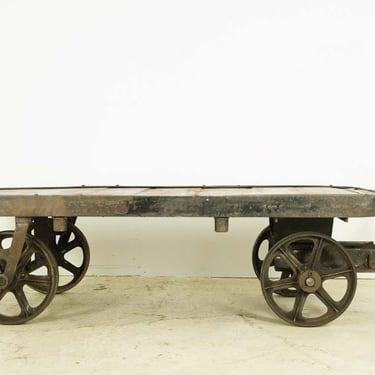 Vintage Mercury Pine & Cast Iron Industrial Factory Cart