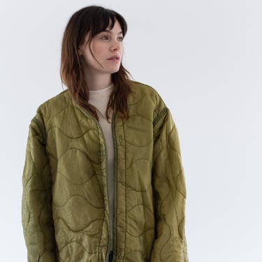 Vintage Green Liner Jacket | Unisex Wavy Quilted Nylon Coat | XL | LI272 