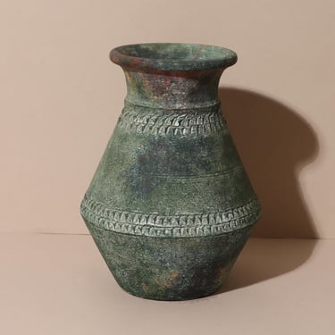Green Rustic Vase, Vintage Clay Pot, Vintage Vessel 