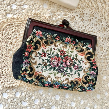 Tapestry Clutch Purse, Lucite Frame, Floral Roses, Petit Point, Vintage 60s 