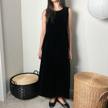vintage 90s black velvet minimalist velour oversized relaxed babydoll sleeveless maxi dress by jones & co 