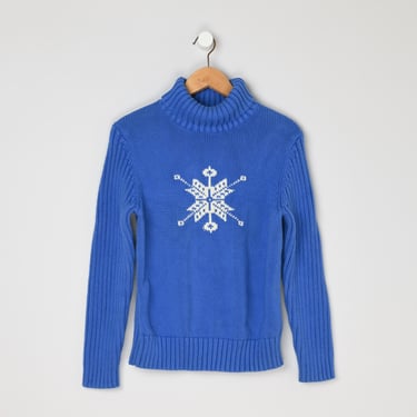Vintage 90s Ribbed Knit Turtleneck Sweater with Snowflake - 100% cotton - nineties, blue, heavy knit, winter - Youth L // Women's S 