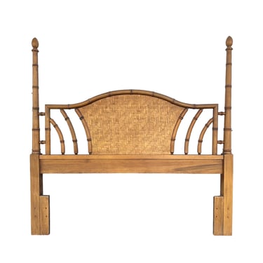 Queen Rattan Headboard by Dixie - Vintage Natural Wood & Woven Herringbone Wicker Coastal Hollywood Regency Post Bedroom Furniture 