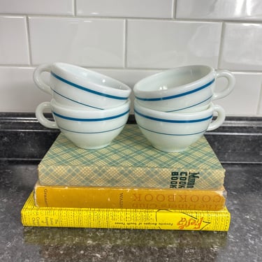 Vintage Pyrex Blue Band Coffee Mugs Tea Cups | Set of 4 | Pyrex 1970s Tableware by Corning | Short Squatty Thick Coffee Cups Blue Stripe 