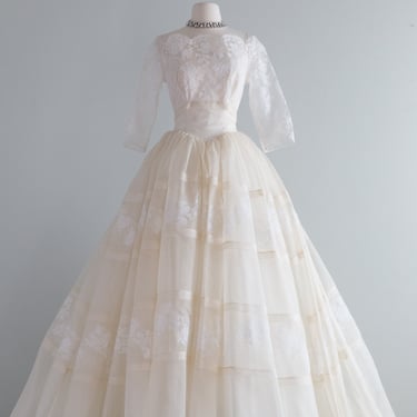 Spectacular 1950's Silk Organza &amp; Lace Couture Wedding Gown / Small