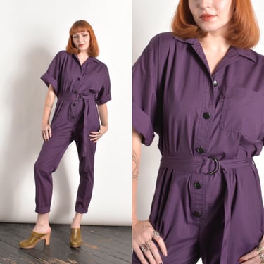 Vintage 1980s Jumpsuit / 80s Plum Cotton Belted One Piece / Purple ( S M ) 