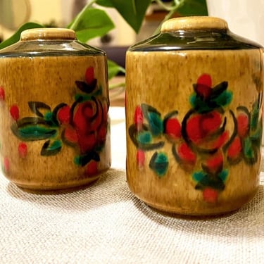 Vintage Terra Cotta Salt & Pepper Shaker Set with Hand-Painted Roses 