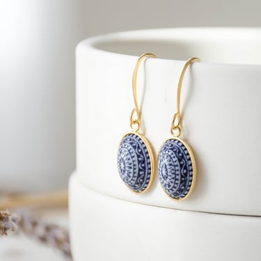 lapis blue earrings, dainty cobalt blue carved mosaic earrings, gold drop earrings, unique gift for her 
