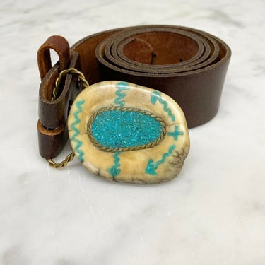 Vintage Belt Retro 1970s Top Grain Oil Tan Leather + Brown + Faux Turquoise Stone + Adjustable + Size 30 + Made in USA + Unisex Accessory 