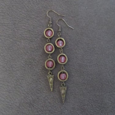 Pink frosted glass earrings, geometric earrings, artisan bronze 
