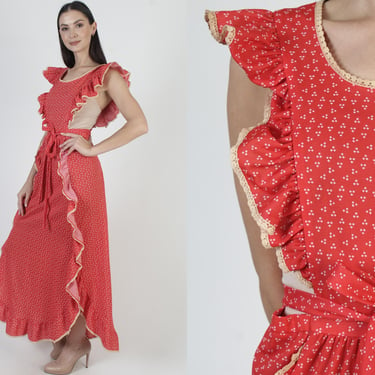 Red Ruffle Pinafore Dress, 70s Country Apron, Americana Prairie Maxi, Vintage Asym Hemline 