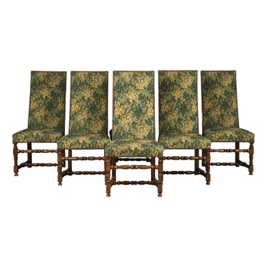 Antique French Louis XIII Style Oak Dining Chairs W/ Verdure Tapestry - Set of 6 