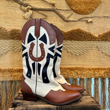 ACME Vintage 80s 90s Cowboy Boots, Like New | Country Western Horseshoe Inlay Leather Design | 1980s 1990s Cowgirl Southwestern | Womens 7.5 