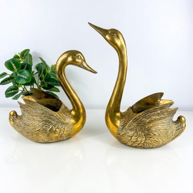 Vintage Brass Swan vase planter Pair of 2, Hollywood Regency Figures, MCM Swan Sculptures, home decor, retro animal lover, brass bird bowls 