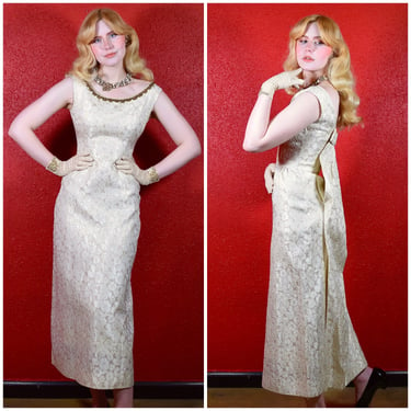 1960s Ivory Brocade Evening Gown Dramatic Draped Back 