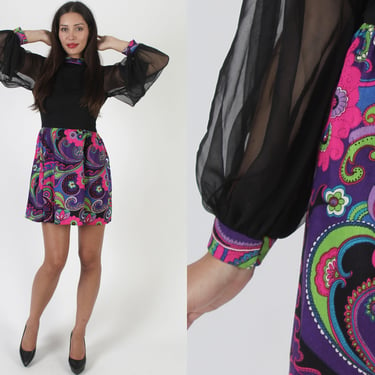 60's Flower Power Print Chiffon Dress / Black Psychedelic Style Frock / Vintage Mod GoGo Abstract Micro Mini 