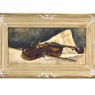 19th Century Watercolor Painting Violin w Sheet Music signed Nellie Northrup 
