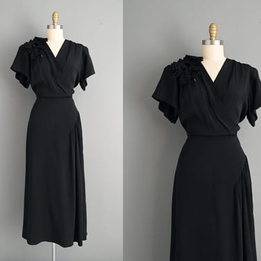 vintage 1940s Black Rayon Full Length Gown Dress | Large 
