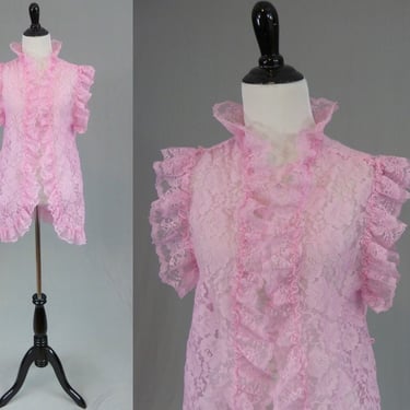 70s 80s Light Pink Lace Ruffle Open Front Wrap Robe - Sexy Sheer Lace - Val Mode - Vintage 1970s 1980s - L 