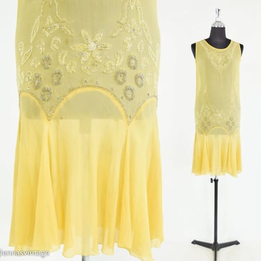 1920s Buttercup Yellow Silk Dress | 20s Yellow Beaded Silk Dress | Flapper Dress | X Small 