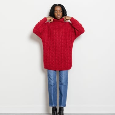 RED MOHAIR TURTLENECK cable knit sweater jumper Vintage oversize tunic / Medium Large 