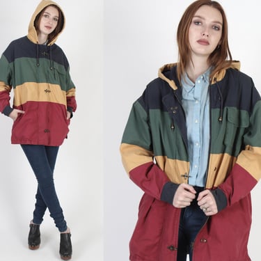 90s Block Striped Parka, Hooded Fishermans Coat, Full Zip Anorak Unisex Colorblock Jacket 