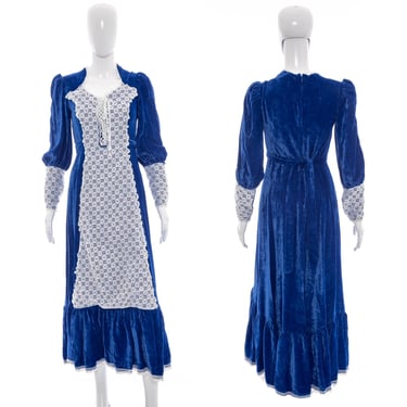 1970's Blue Crushed Velvet and White Lace Prairie Dress Size M